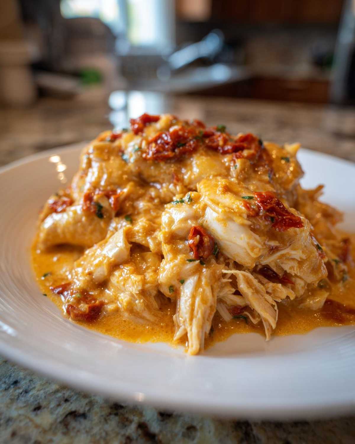 Close-up of shredded crockpot marry me chicken covered in a rich, creamy, orange-hued sauce with sun-dried tomatoes.