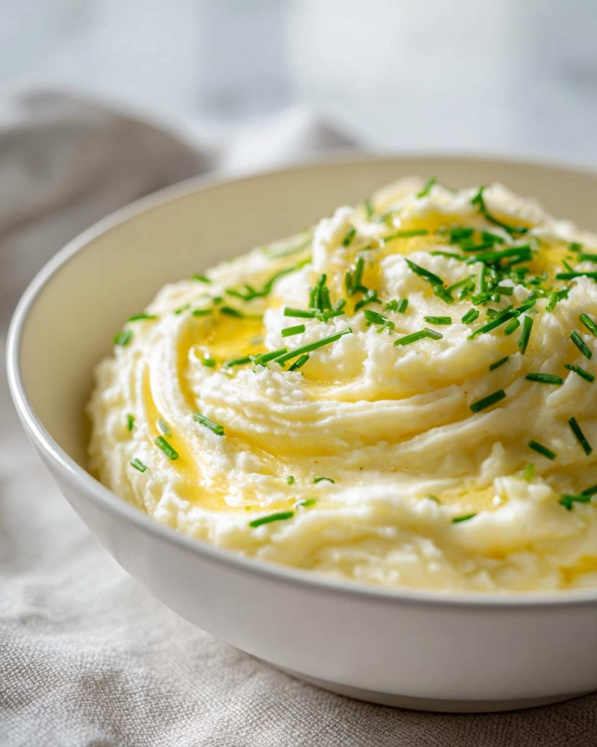 Close-up of creamy garlic mashed potatoes topped with melted butter and fresh chives in a white bowl.