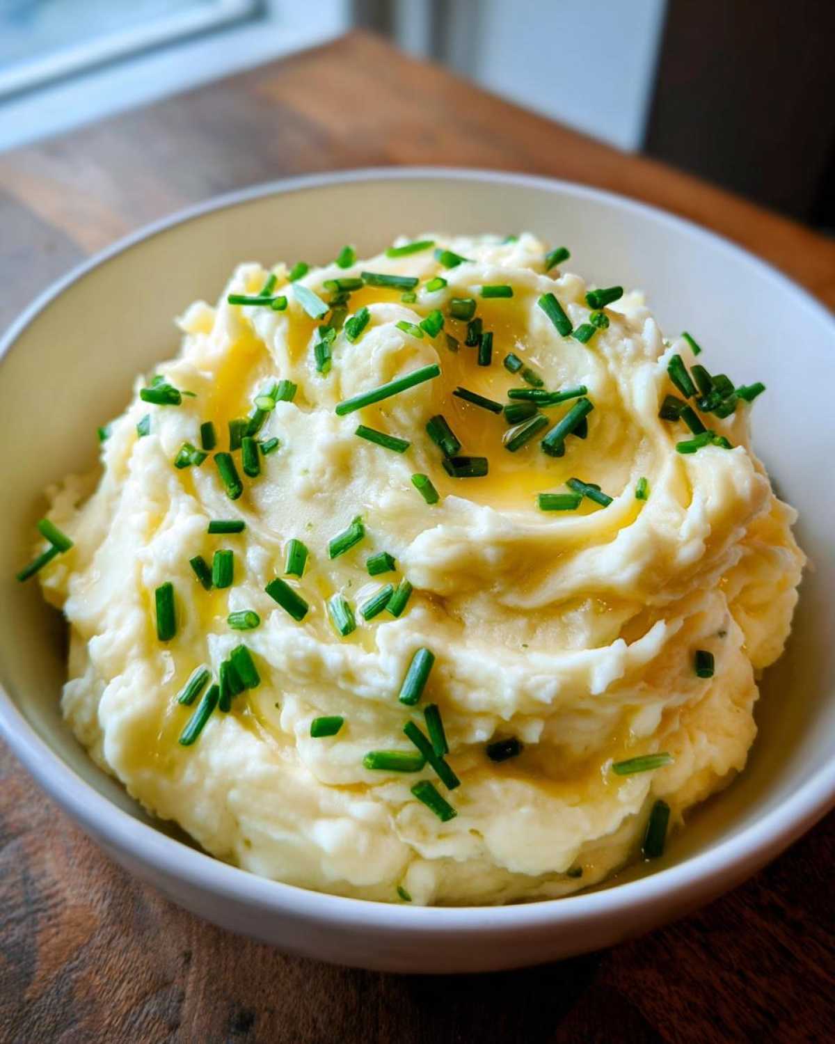 A close-up of a bowl filled with creamy garlic mashed potatoes, drizzled with melted butter and topped with fresh green chives.