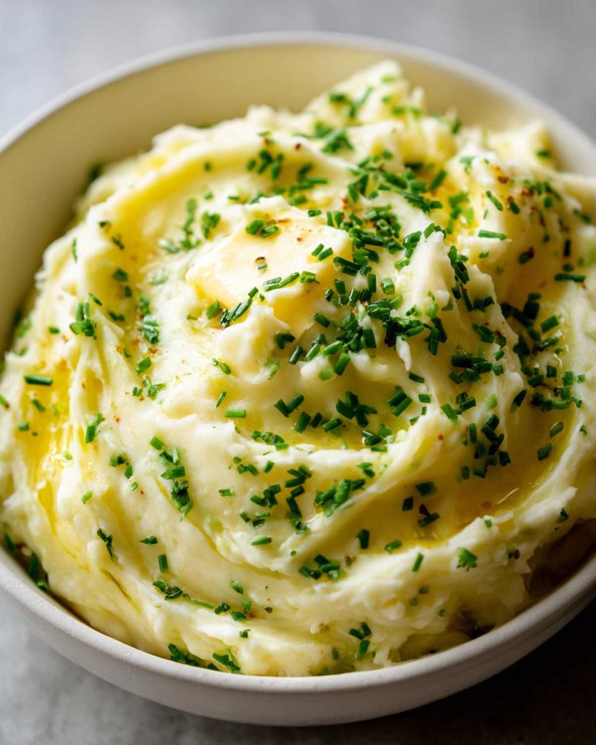 Close-up of a bowl of silky garlic mashed potatoes topped with melting butter and fresh chopped chives.