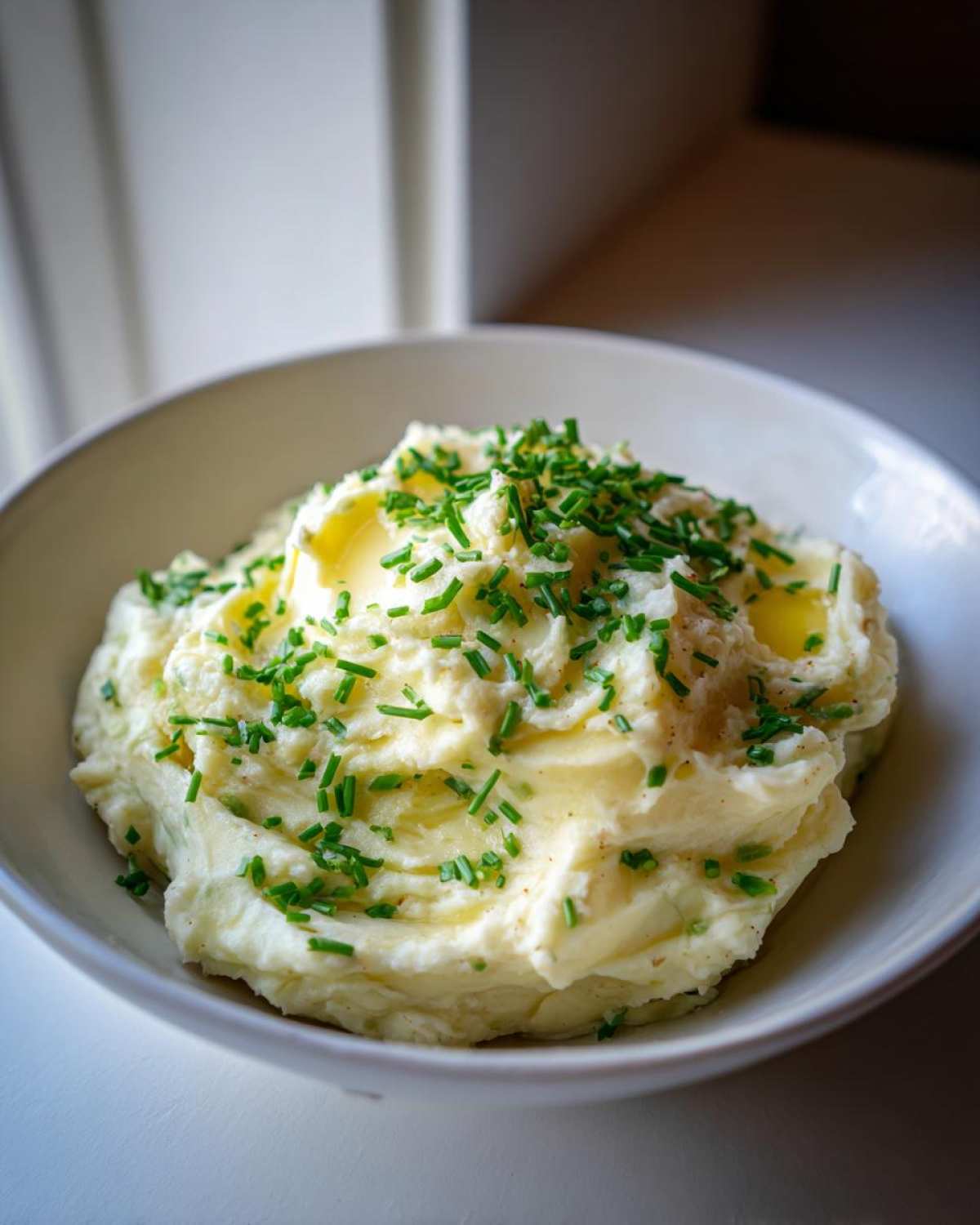 A close-up of creamy garlic mashed potatoes topped with melted butter and fresh chopped chives.