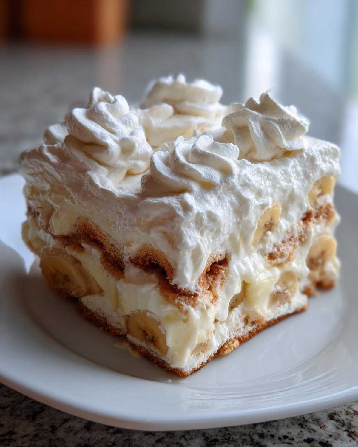 A square slice of layered banana pudding topped with whipped cream rosettes on a white plate.