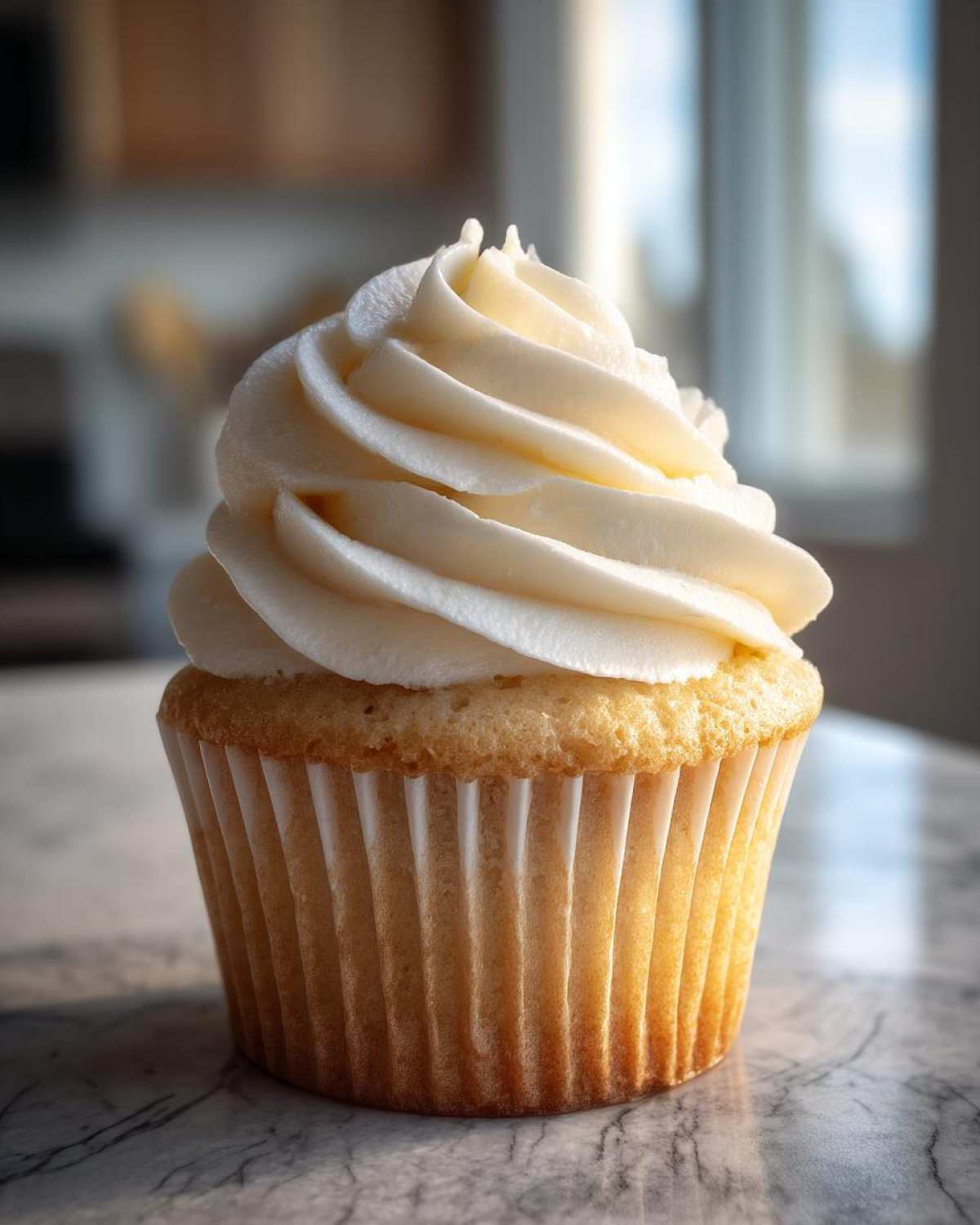 A single, beautifully frosted vanilla cupcake sitting on a marble surface with soft natural light.