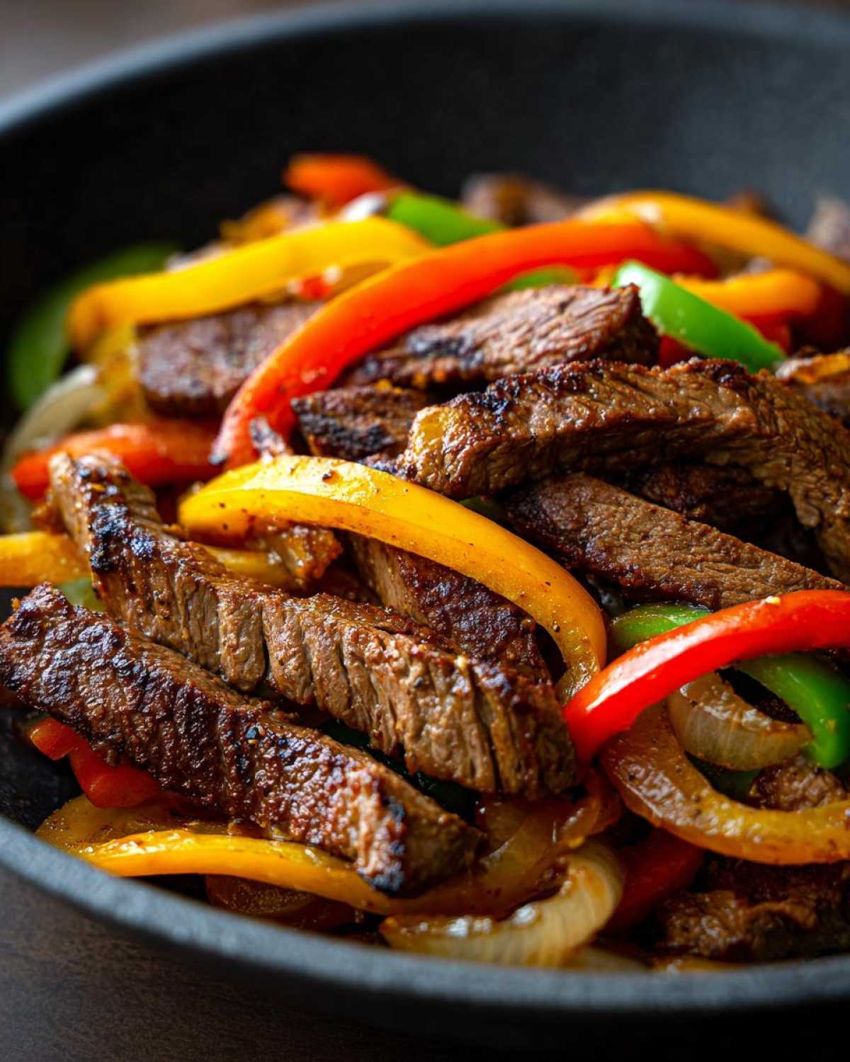 Close-up of perfectly cooked, sliced steak fajitas mixed with vibrant red, yellow, and green bell peppers and onions.