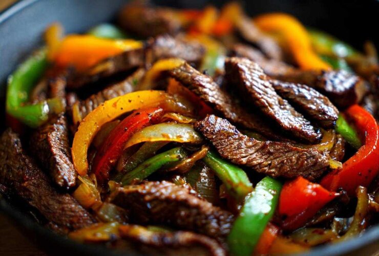 Close-up, mouthwatering view of sizzling steak fajitas with colorful bell peppers and onions in a cast iron skillet.