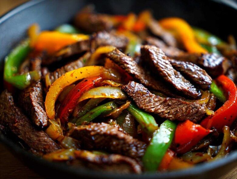 Close-up, mouthwatering view of sizzling steak fajitas with colorful bell peppers and onions in a cast iron skillet.