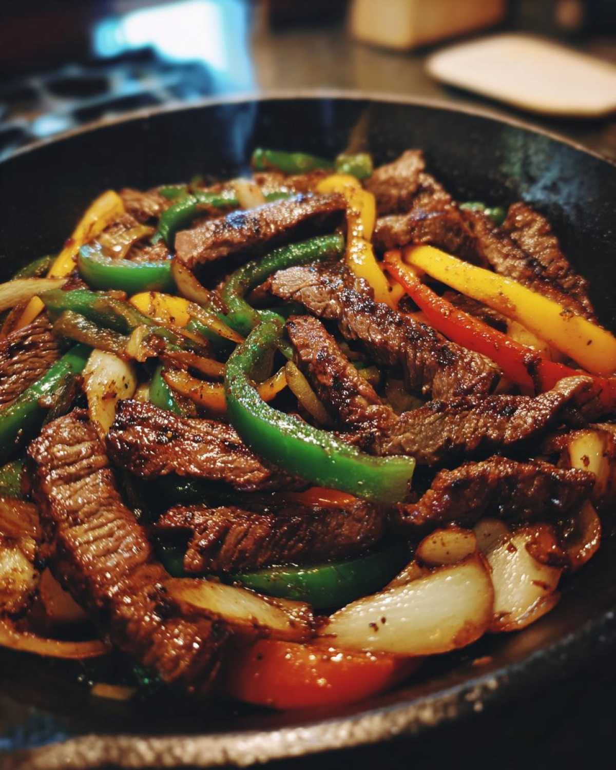 Close-up of sizzling steak fajitas with grilled strips of steak, green, yellow, and red bell peppers, and onions in a black skillet.