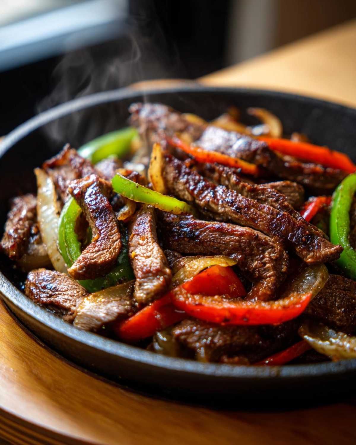 Close-up of sizzling steak fajitas with grilled steak strips, red and green bell peppers, and onions in a cast-iron skillet.