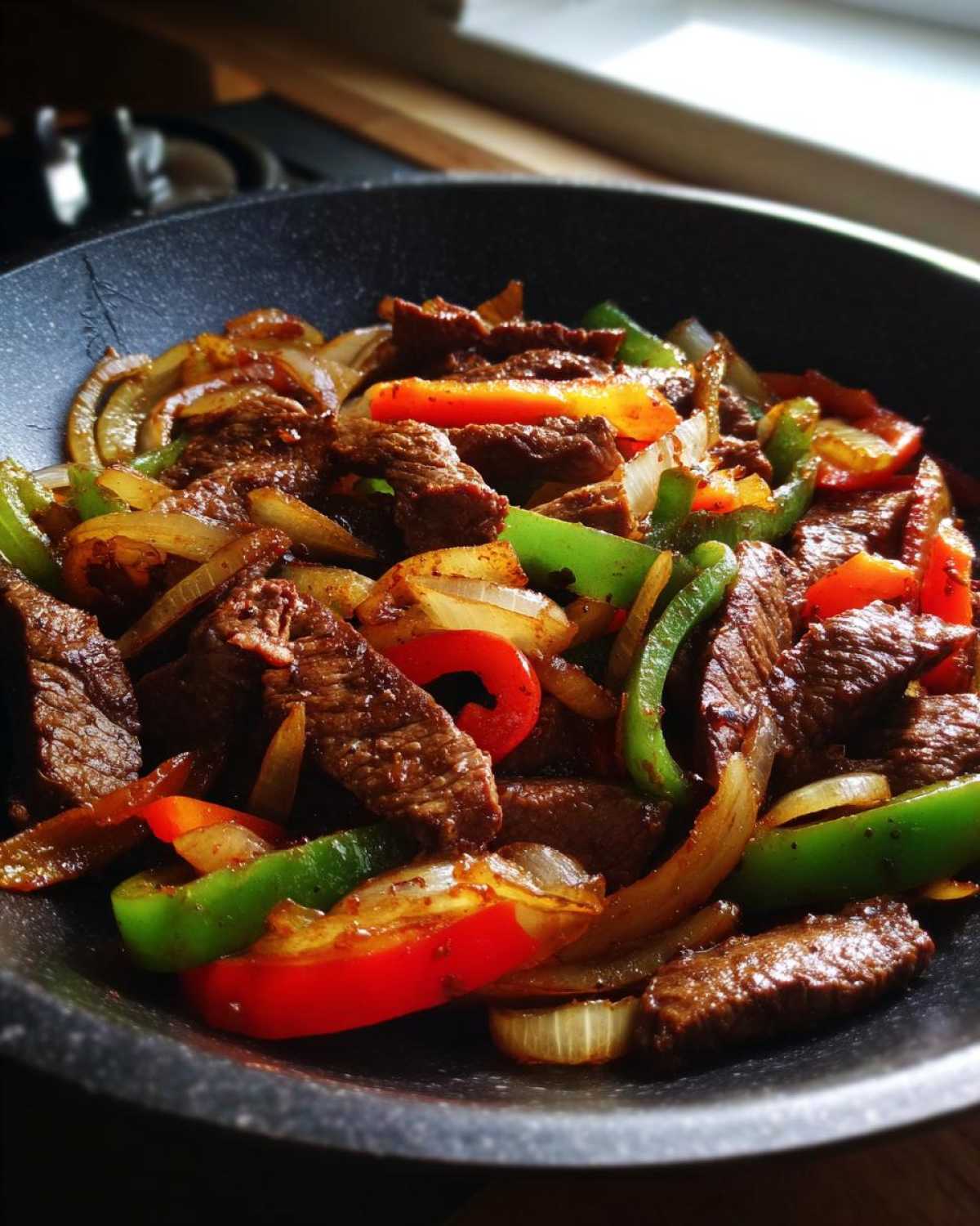 Close-up of sizzling steak fajitas featuring strips of seasoned beef, sautéed onions, and colorful bell peppers in a black skillet.