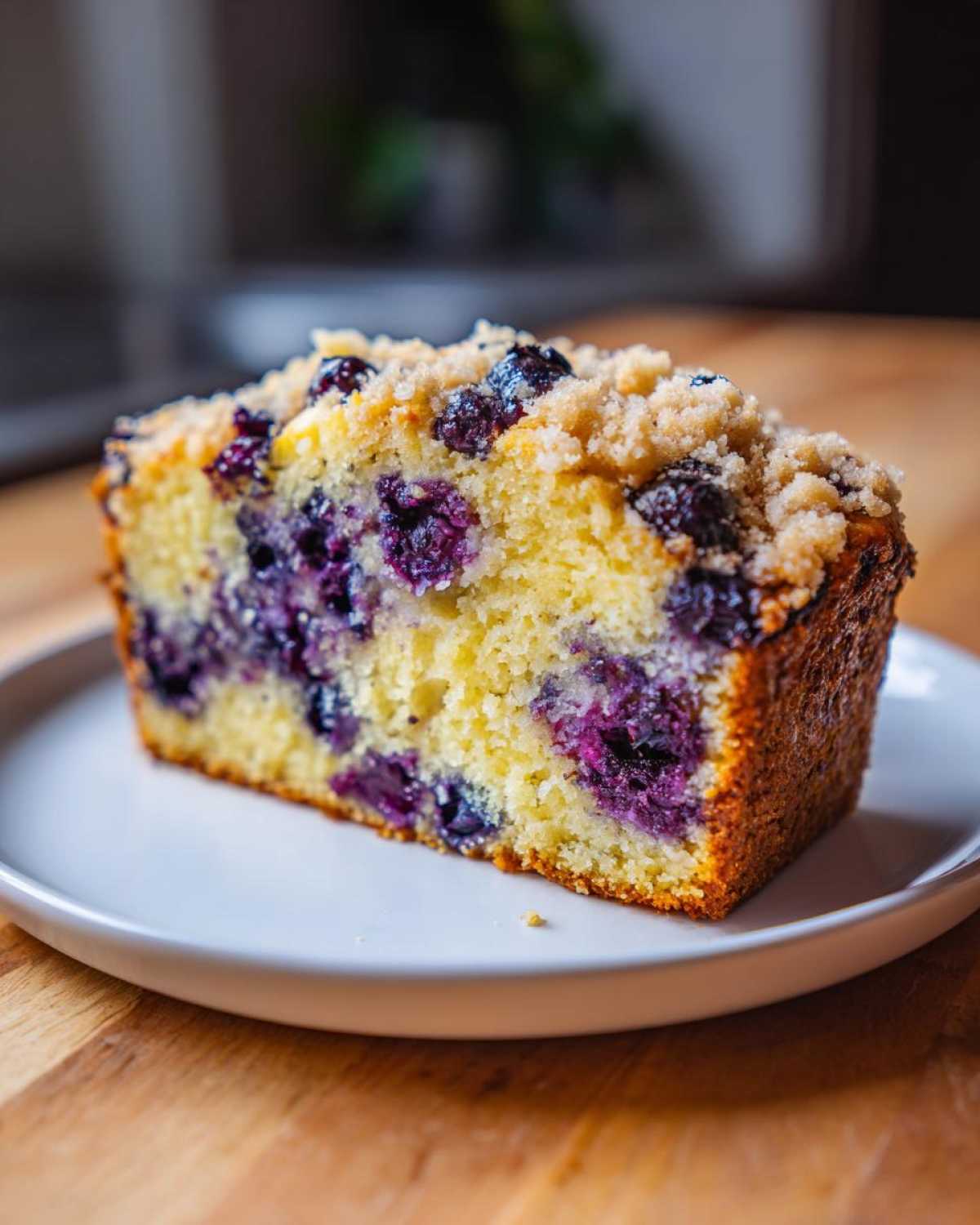A close-up of a moist slice of blueberry banana bread topped with sweet streusel.