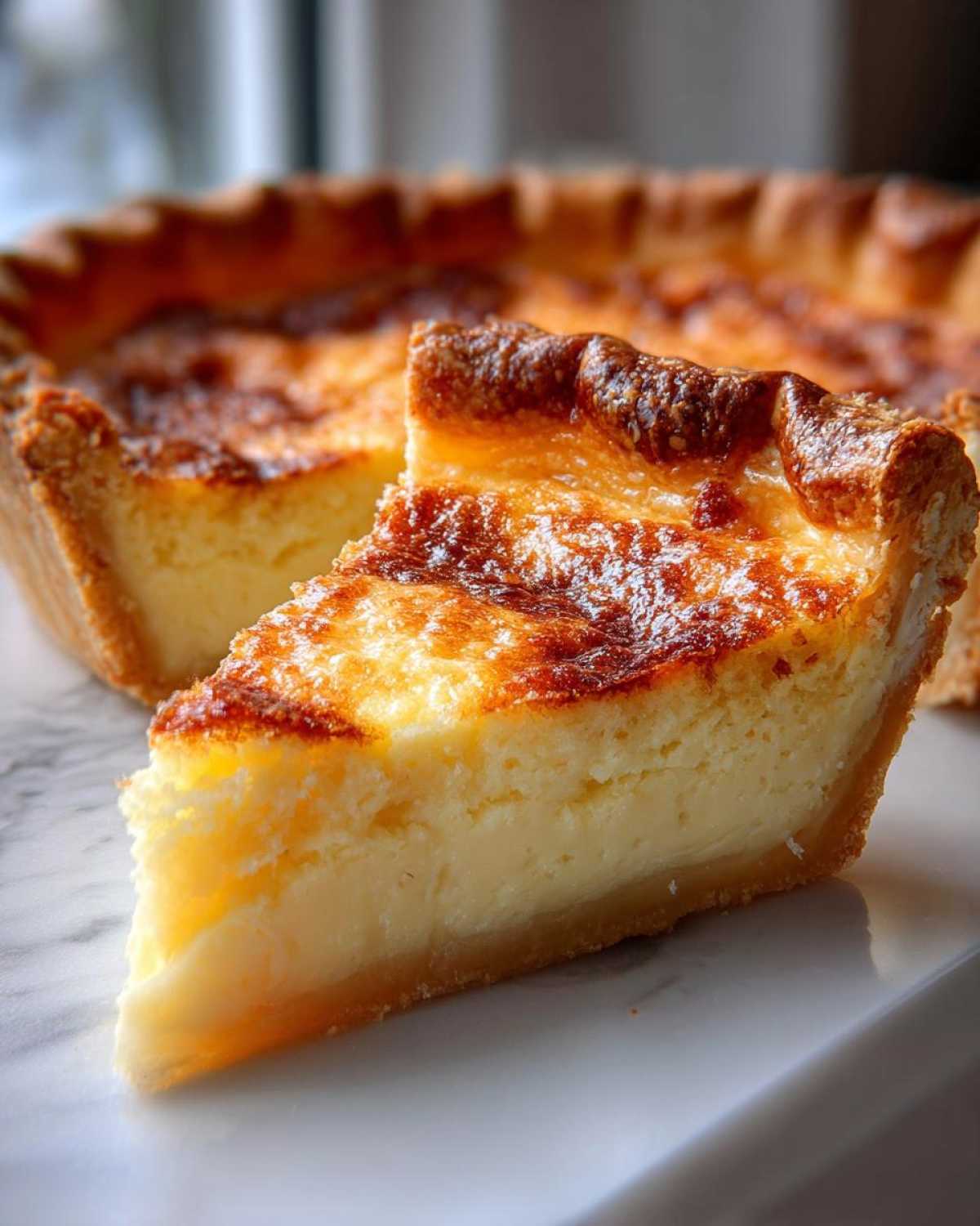 A close-up of a slice of creamy buttermilk pie with a deeply browned top, resting next to the whole pie.