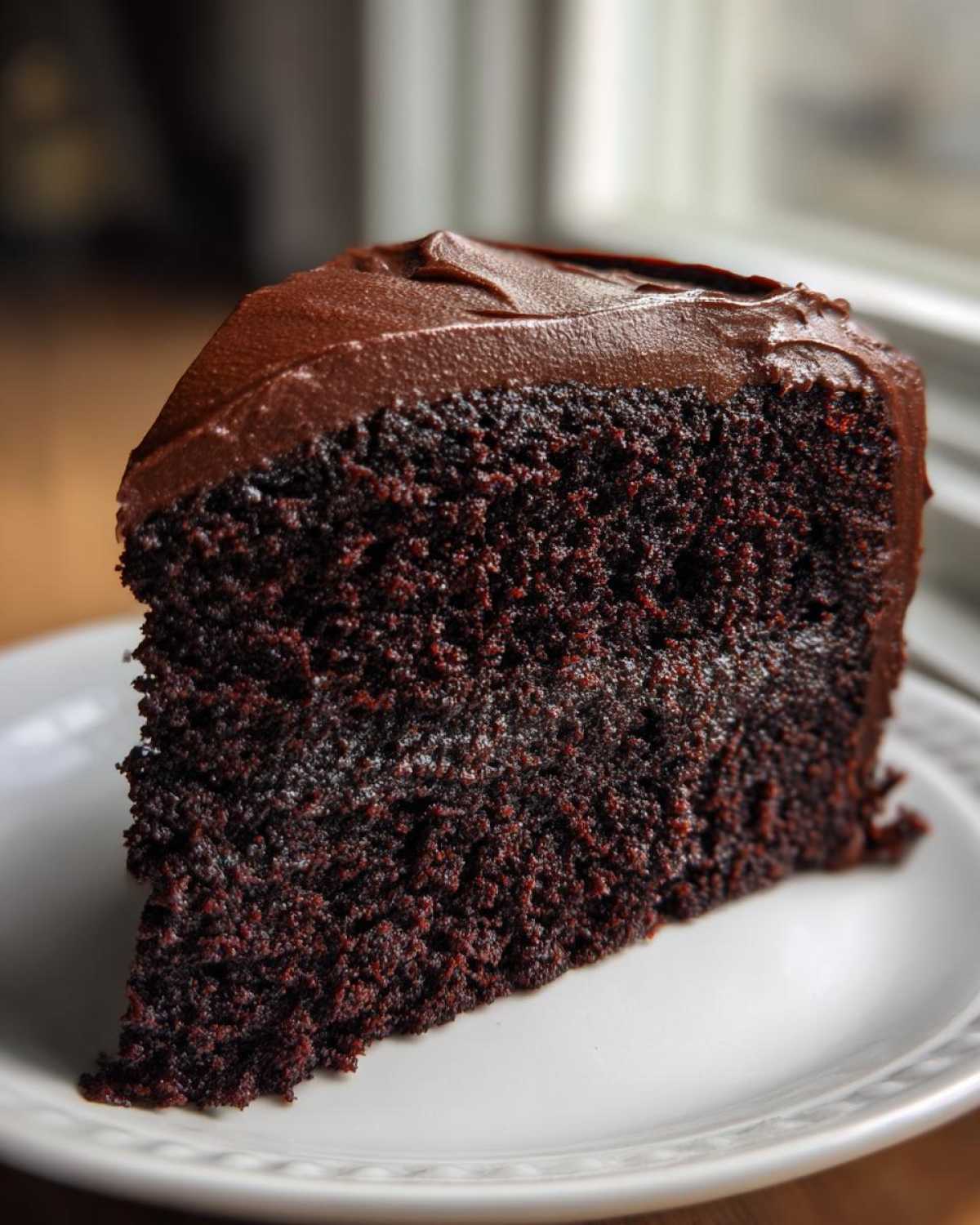Close-up of a moist slice of dark chocolate fudge cake topped with thick chocolate frosting.