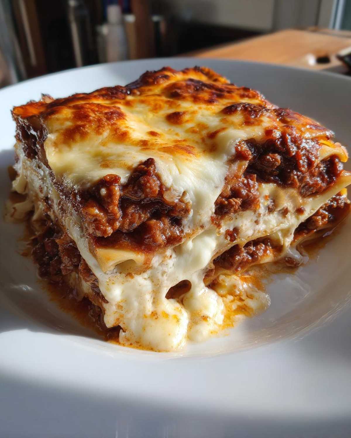 A rich, square slice of homemade lasagna with multiple layers of pasta, meat sauce, and melted, browned cheese.