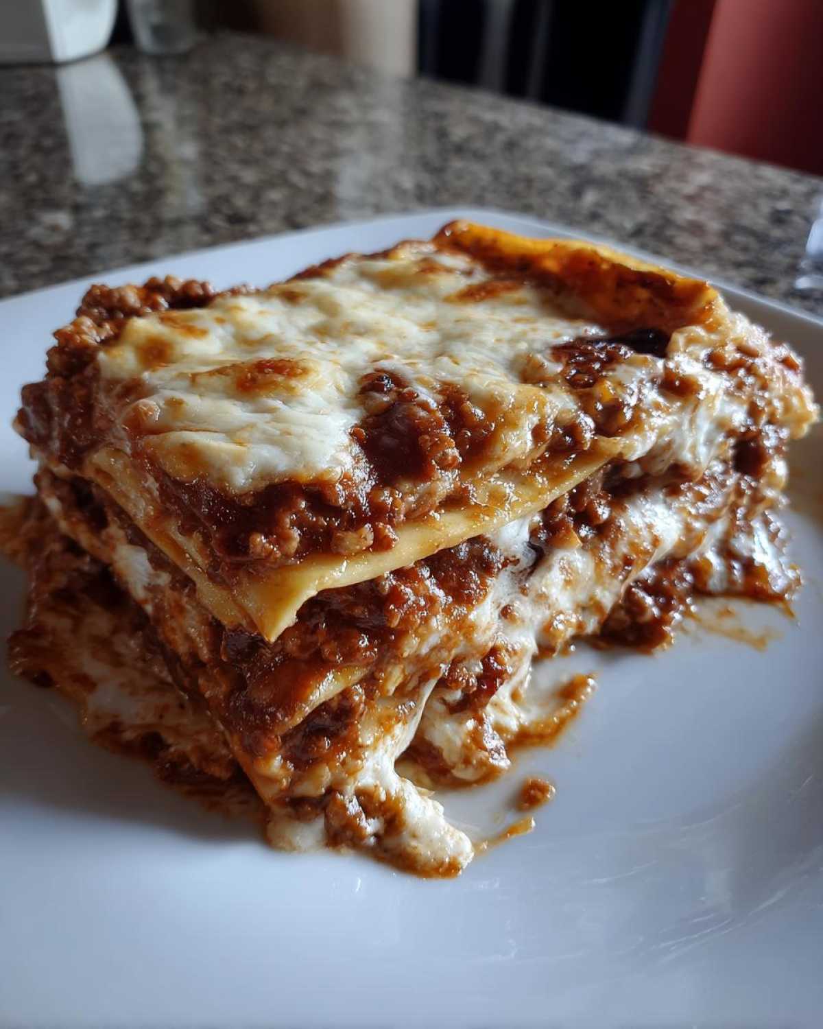 A thick, multi-layered slice of homemade lasagna featuring rich meat sauce and melted mozzarella cheese.