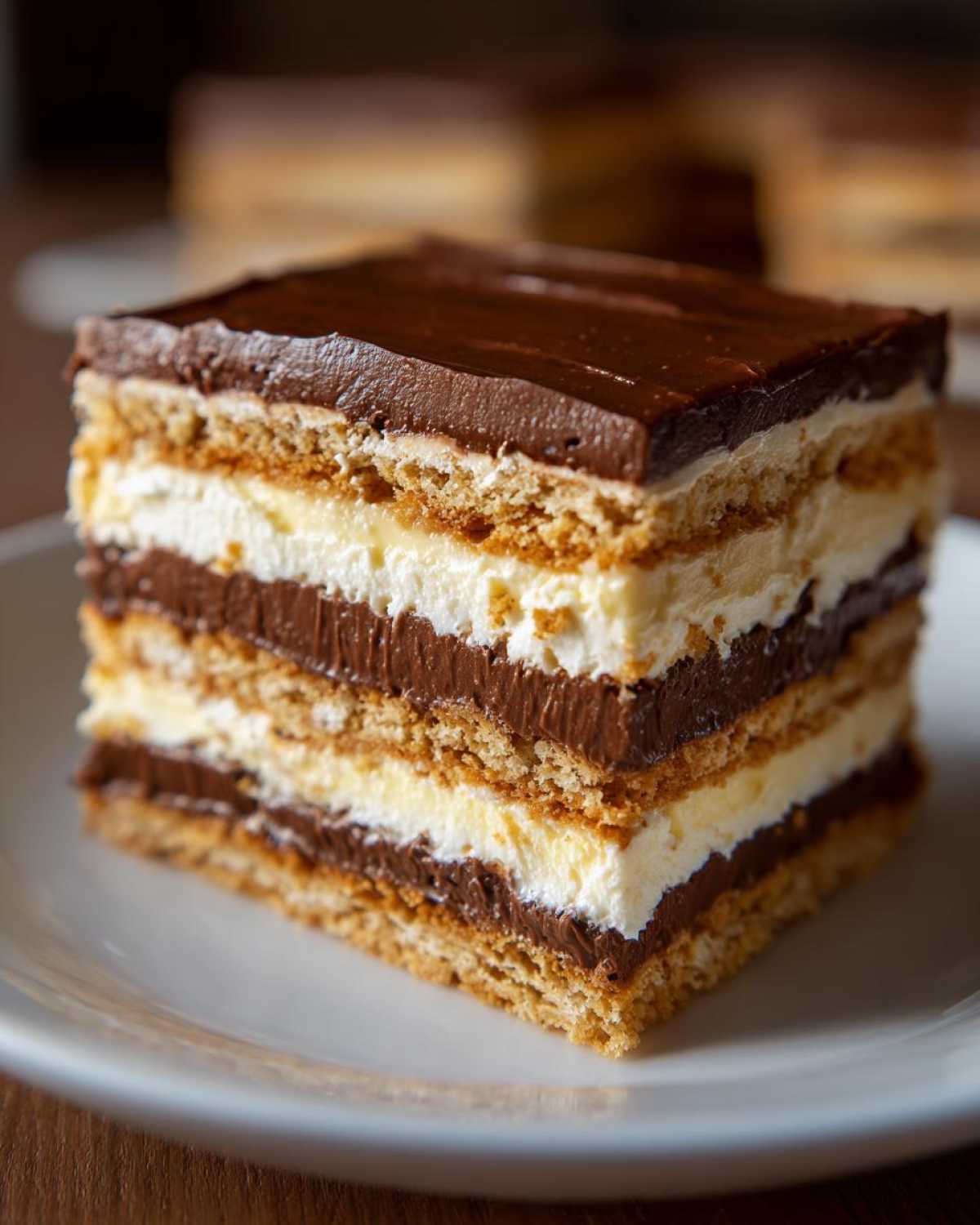 Close-up of a square slice of layered eclair cake showing graham crackers, vanilla cream, and chocolate pudding layers.