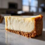 A thick, creamy slice of new york cheesecake showing a dense filling and a thick, textured graham cracker crust.