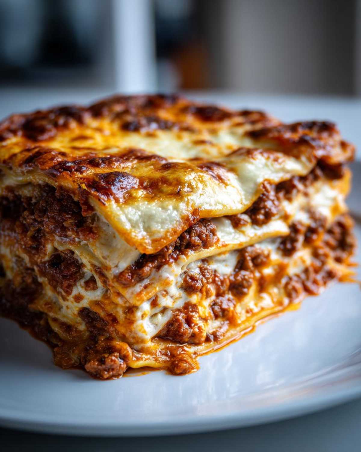 A close-up, appetizing slice of homemade lasagna showing rich meat sauce, creamy white layers, and a browned, bubbly cheese topping.