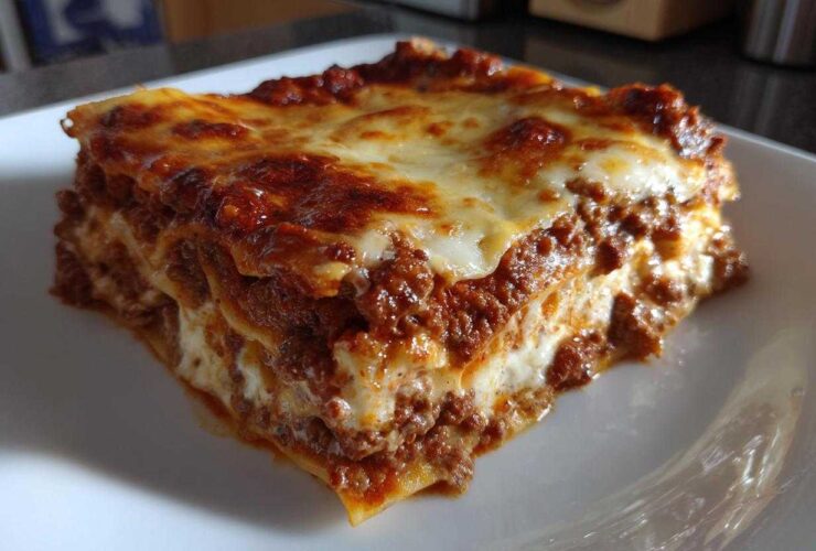 A thick, layered slice of homemade lasagna featuring rich meat sauce and melted, browned cheese on top.