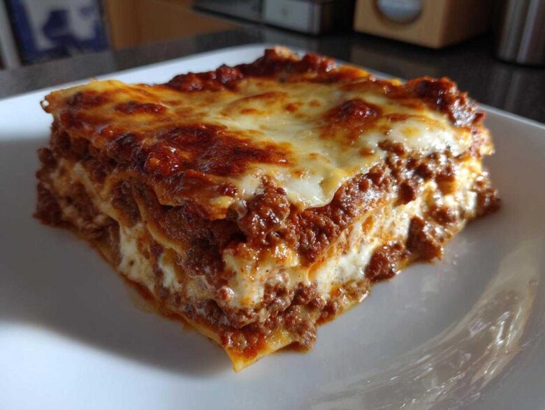 A thick, layered slice of homemade lasagna featuring rich meat sauce and melted, browned cheese on top.