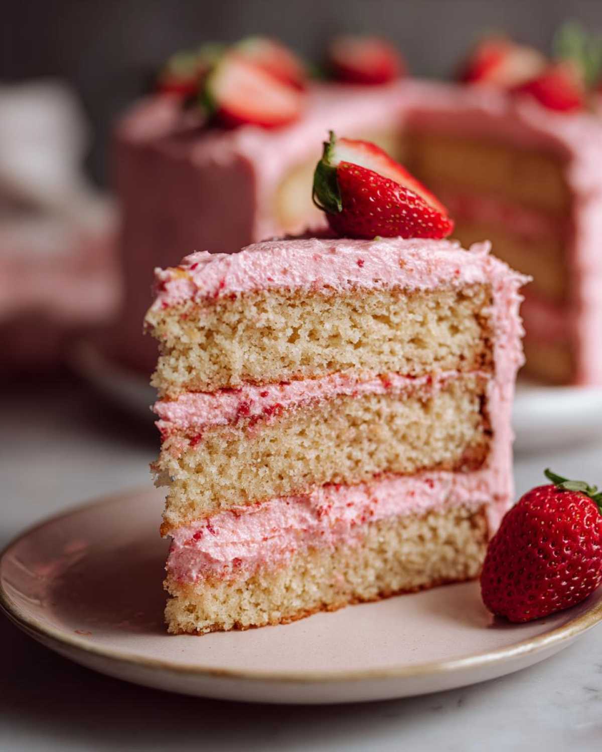 Close-up of a moist slice of strawberry cake with three layers of vanilla sponge and pink strawberry frosting, topped with a fresh strawberry.
