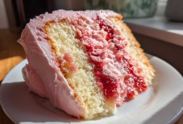 Close-up of a moist slice of strawberry cake with layers of vanilla sponge, pink frosting, and bright red strawberry filling.