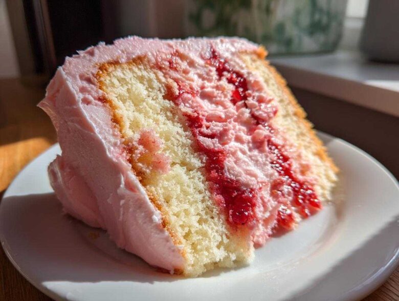 Close-up of a moist slice of strawberry cake with layers of vanilla sponge, pink frosting, and bright red strawberry filling.