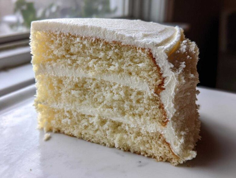 Close-up of a moist, three-layer slice from a vanilla cake recipe, generously frosted with white buttercream.