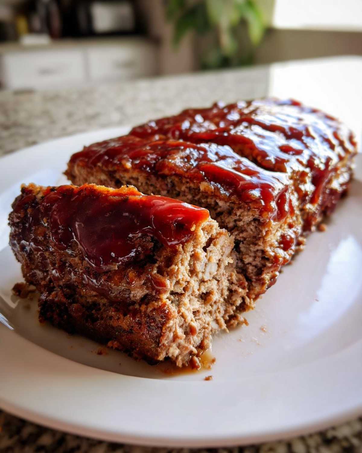 A thick slice cut from a Keto meatloaf, generously topped with a shiny, dark red glaze, served on a white plate.