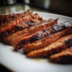 Close-up of perfectly grilled and sliced steak, showing a medium-rare center, prepared with carne asada marinade.