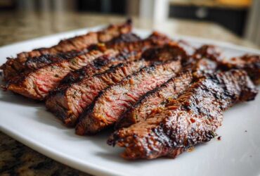 Close-up of perfectly grilled and sliced steak, showing a medium-rare center, prepared with carne asada marinade.