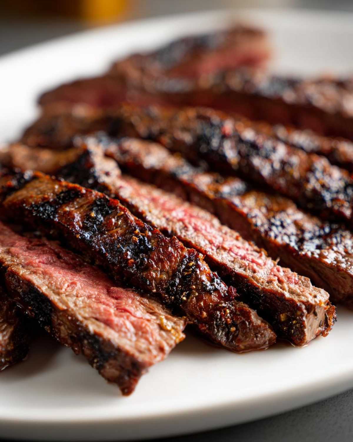Close-up of perfectly grilled and sliced steak, showing a medium-rare center, achieved with the carne asada marinade.