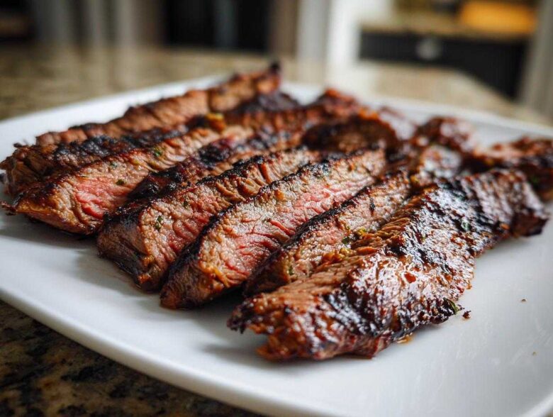 Close-up of perfectly grilled and sliced steak, showing a medium-rare center, prepared with carne asada marinade.