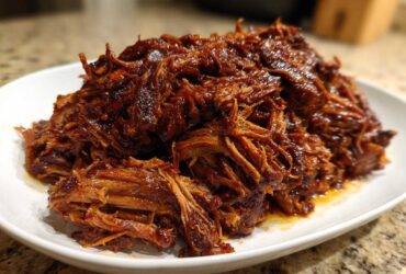 A close-up of a generous mound of saucy, shredded slow cooker pulled pork piled high on a white serving dish.