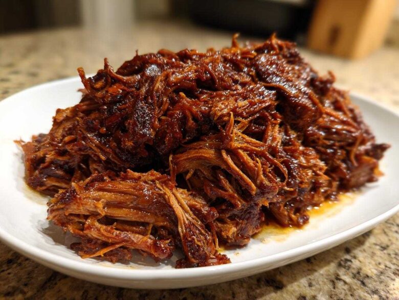 A close-up of a generous mound of saucy, shredded slow cooker pulled pork piled high on a white serving dish.