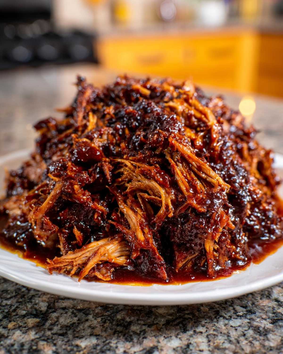 Close-up of a large mound of saucy, shredded slow cooker pulled pork piled high on a white plate.