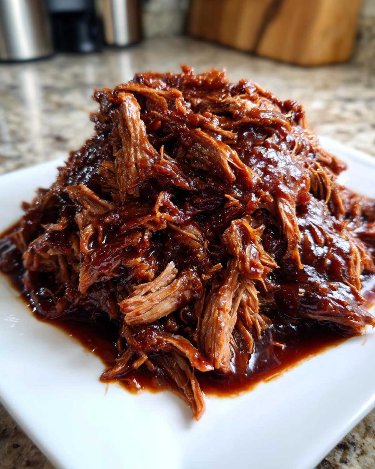 A close-up of a mound of saucy, tender slow cooker pulled pork piled high on a white plate.
