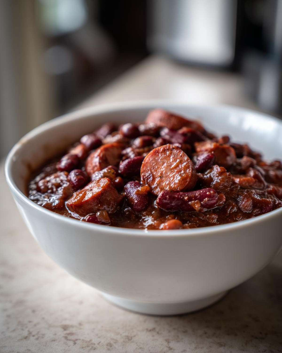 Close-up of a white bowl filled with rich, saucy slow cooker red beans and rice mixed with slices of smoked sausage.