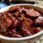 A close-up view of rich, saucy slow cooker red beans and rice topped with thick slices of smoked sausage.