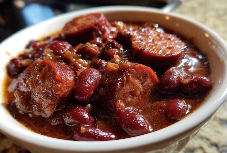 A close-up view of rich, saucy slow cooker red beans and rice topped with thick slices of smoked sausage.