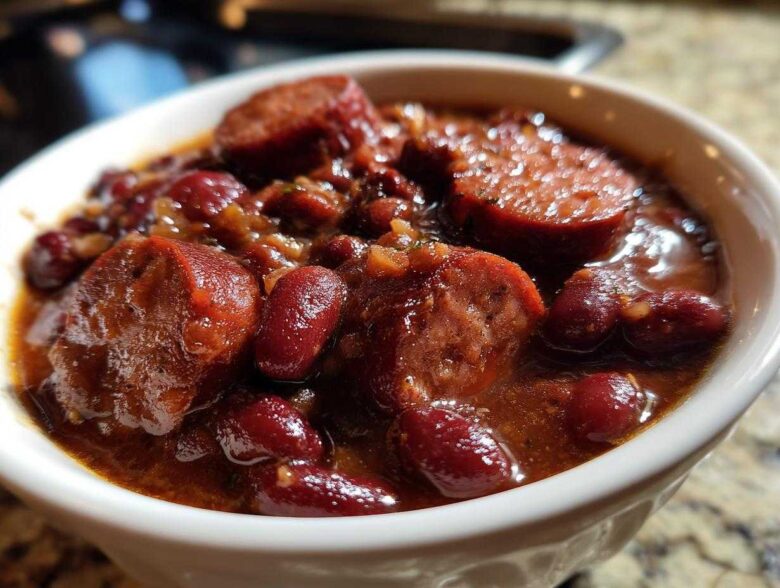 A close-up view of rich, saucy slow cooker red beans and rice topped with thick slices of smoked sausage.