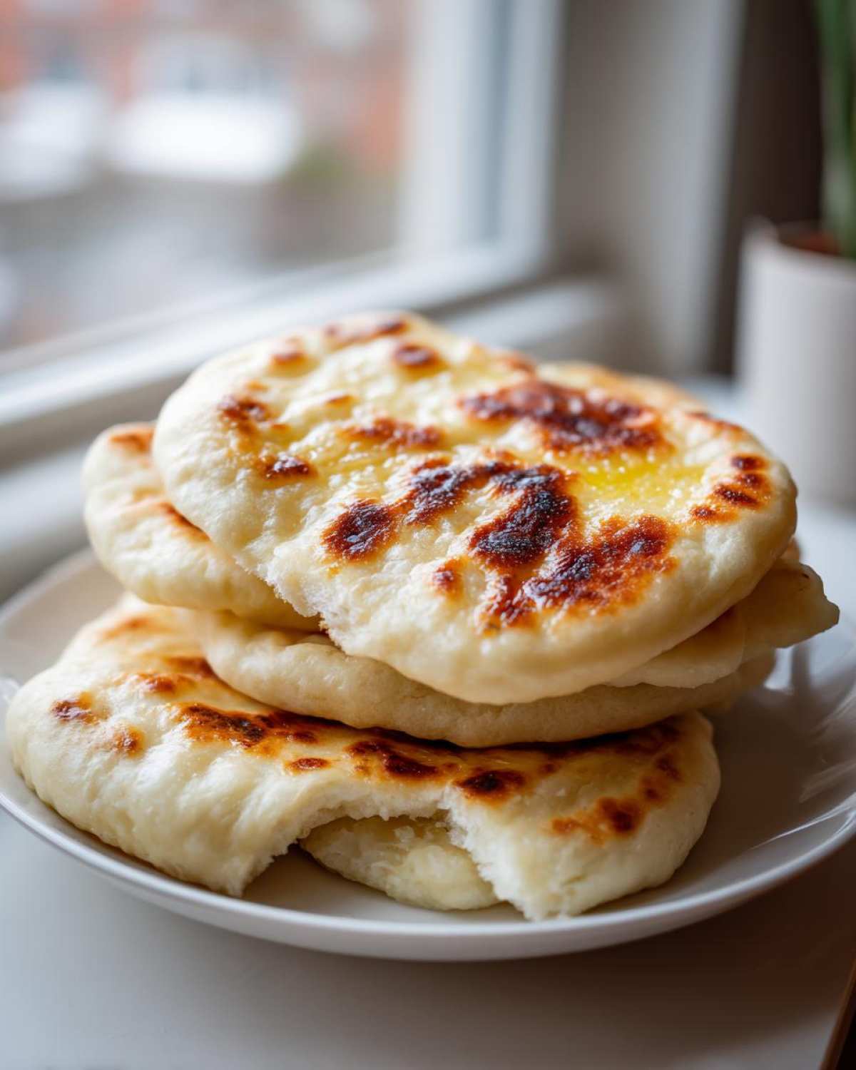 A stack of soft, chewy homemade naan bread with golden-brown charred spots, served on a white plate.