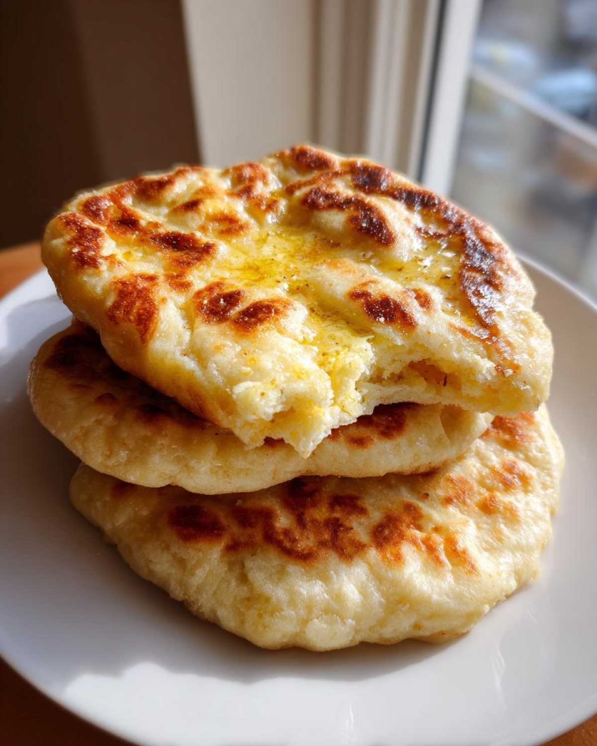 A stack of three soft and chewy homemade naan bread pieces, drizzled with melted butter, with the top one broken open.