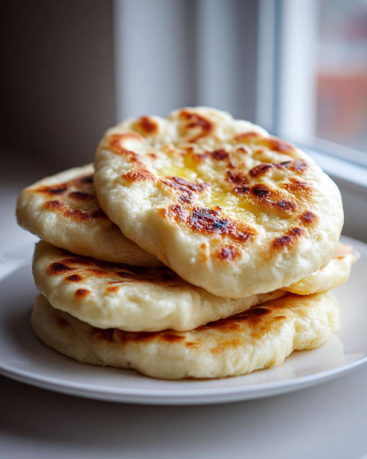 A stack of four soft and chewy homemade naan bread rounds brushed with melted butter, sitting on a white plate.