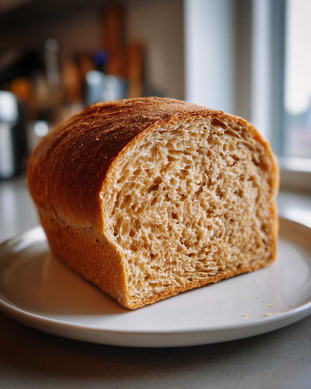 A close-up view of a freshly baked whole wheat bread loaf, cut to show its soft, airy crumb texture.