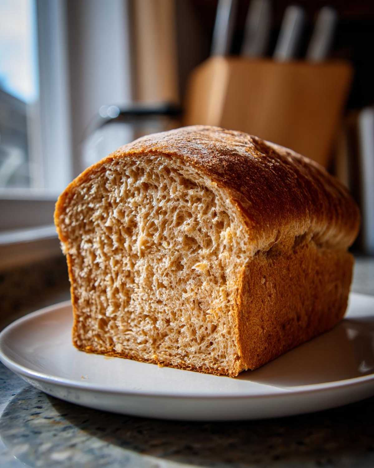 A freshly baked loaf of soft whole wheat bread, cut to show the fluffy interior crumb, resting on a white plate.