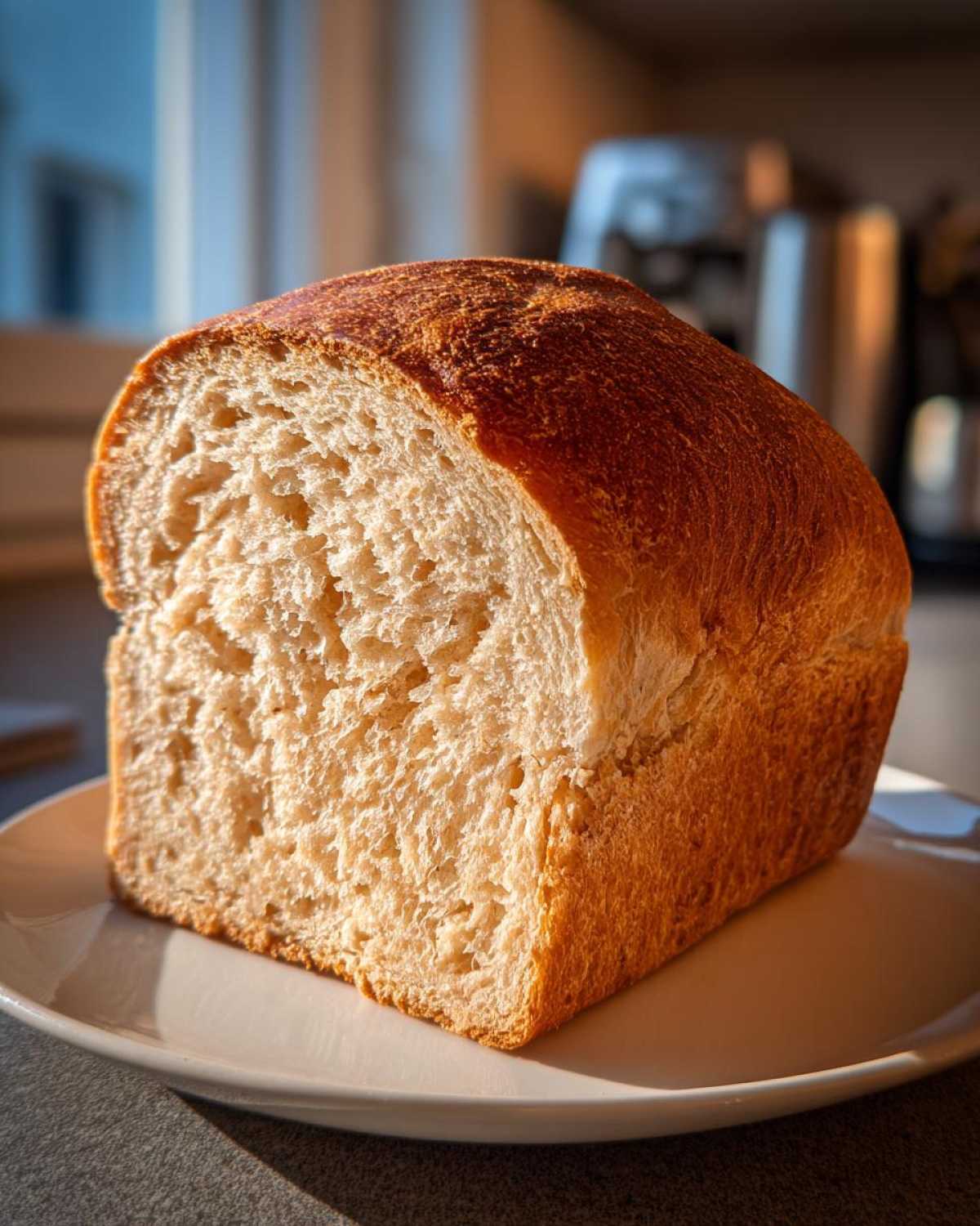Close-up of a freshly baked whole wheat bread loaf, showing its soft, airy crumb and golden-brown crust.