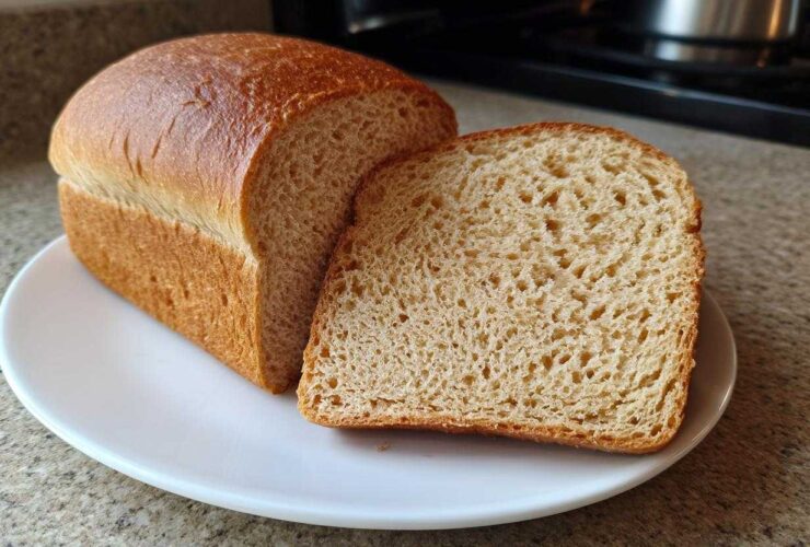 A freshly baked loaf of soft whole wheat bread with one slice resting against it on a white plate.