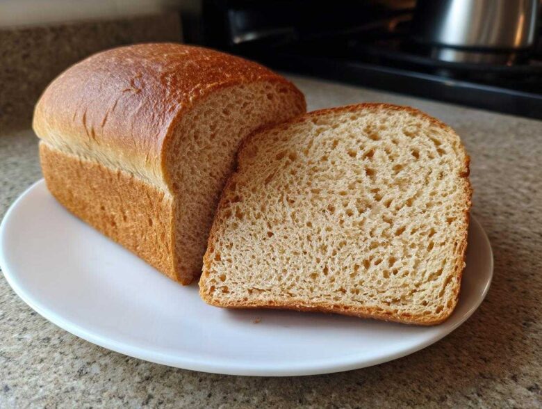 A freshly baked loaf of soft whole wheat bread with one slice resting against it on a white plate.