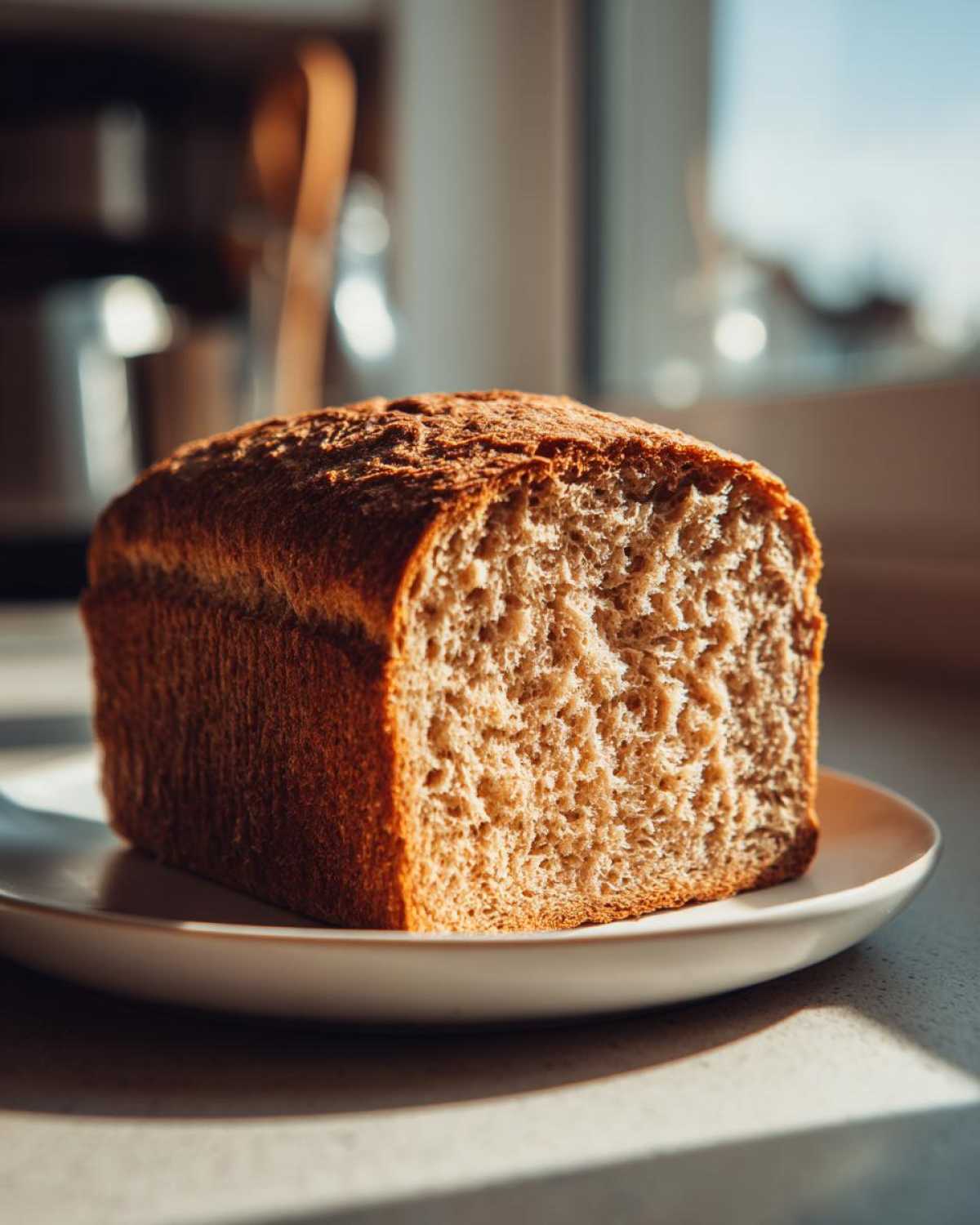 Close-up of a soft, freshly baked whole wheat bread loaf sitting on a white plate, showing its texture.