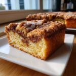 A close-up slice of moist sour cream coffee cake featuring a thick cinnamon streusel topping, served on a white plate.